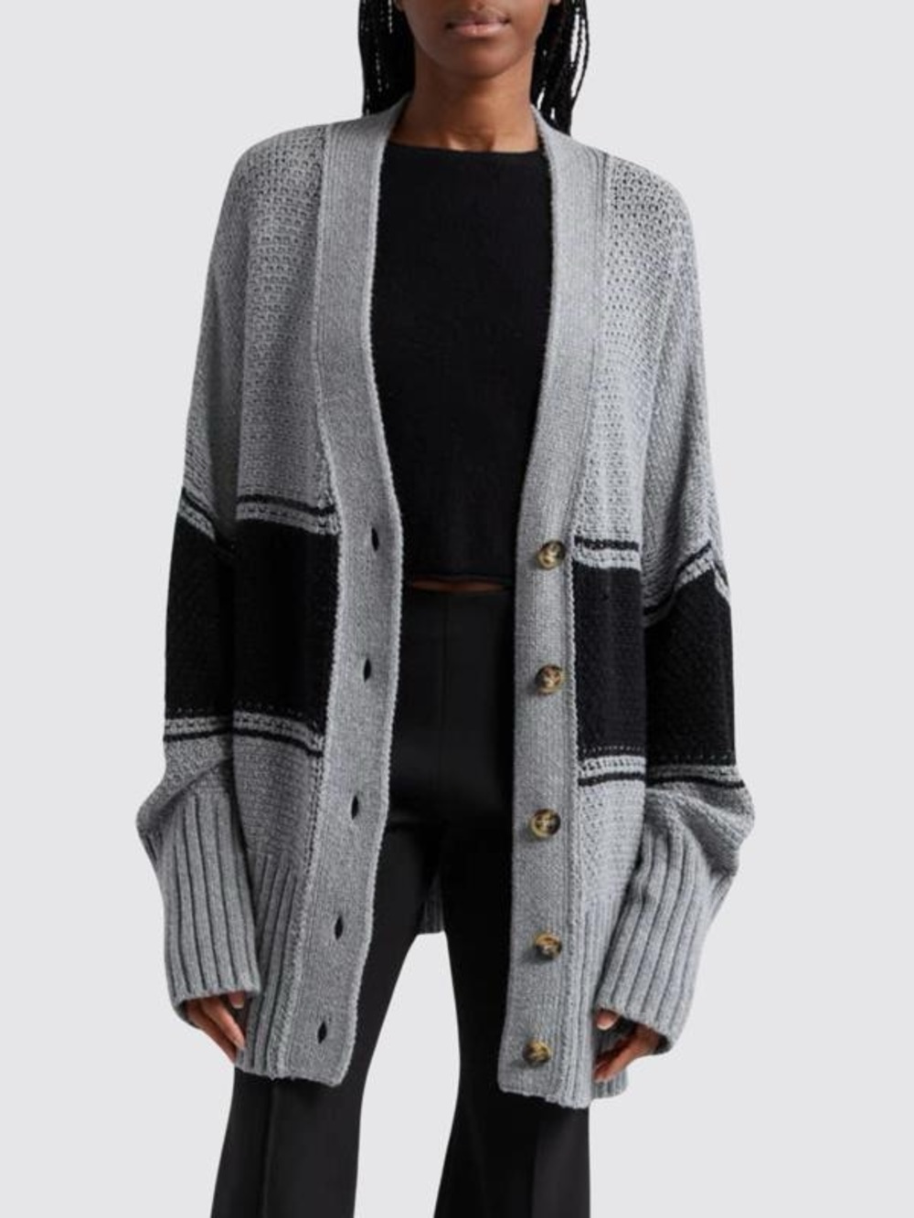 ATM Anthony Thomas Melillo Merino Wool Blend Oversized Cardigan Grey Black Small